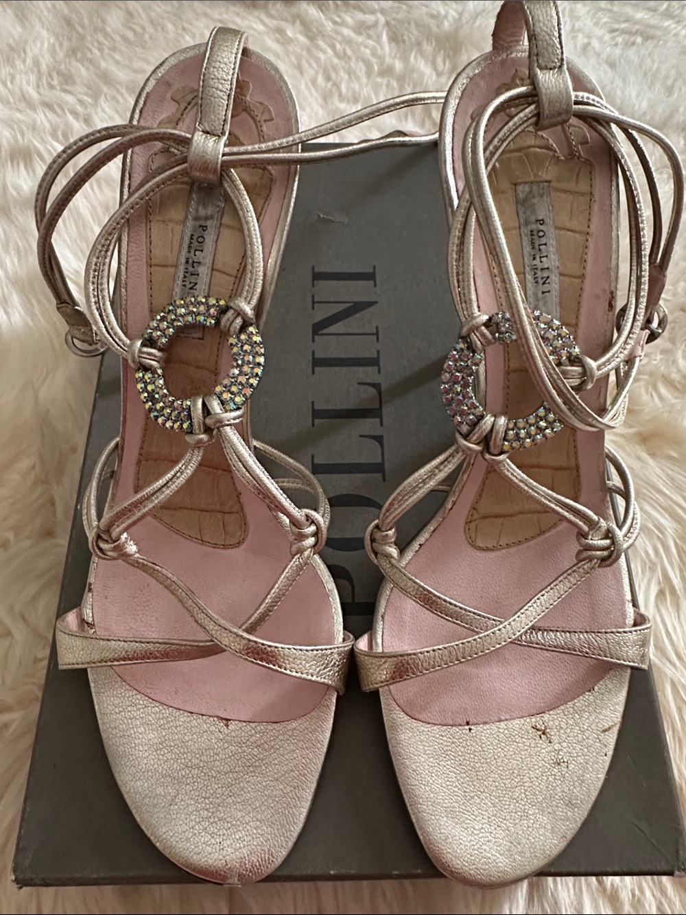 Pollini Metallic Gold Strappy Sandals with Pink Insole and Crystal Ring